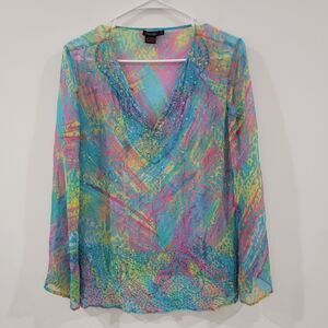 Y2K Womens Silk Top Size Medium Embroidered Sequin Colorful Funky Retro Fairy